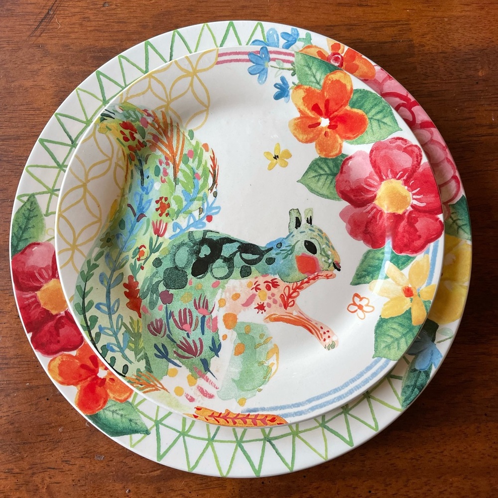 Pier 1 NEW spring Easter squirrel ironstone floral salad & dinner plate